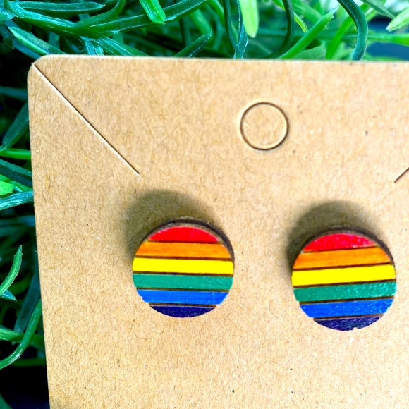 Hand Painted Gay Pride Rainbow Flag Wood Stud Earrings - Picture 1 of 1